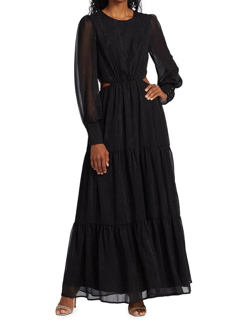 WAYF Gina Black Metallic Cutout Tiered Maxi Dress - Size S